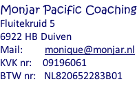 Monjar Pacific Coaching Fluitekruid 5 6922 HB Duiven Mail:        monique@monjar.nl KVK nr:    09196061 BTW nr:   NL820652283B01